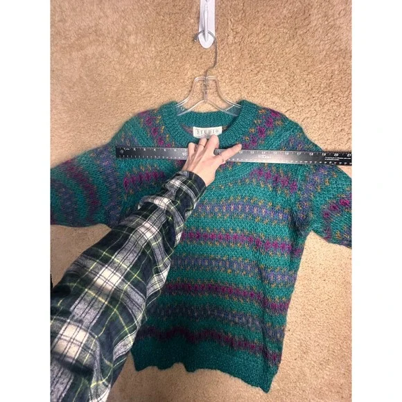 Vintage 80s Michelle Stuart Mohair Wool Fair Isle Sweater‎ Teal Woman Sz M - Picture 16 of 16